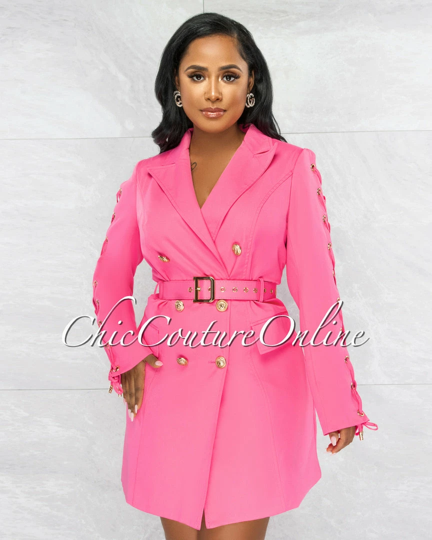 Vendor-unknown Rusalka Hot Pink Double Trench Gold Buttons Belt Dress JUST IN