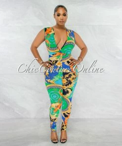 Chic Couture Online Camie Green Multi-Color Print V-Neck Jumpsuit JUST IN