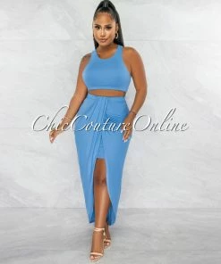 Chic Couture Online JUST IN Klein Periwinkle Crop Racer Top & Draped Slit Maxi Skirt Set
