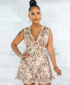 Chic Couture Online JUST IN Elmar Brown Nude Print O-Ring Ruffle Hem Dress