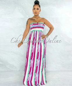 Vendor-unknown Gardner Fuchsia Green Stripes Smocked Strappy Back Maxi Dress JUST IN