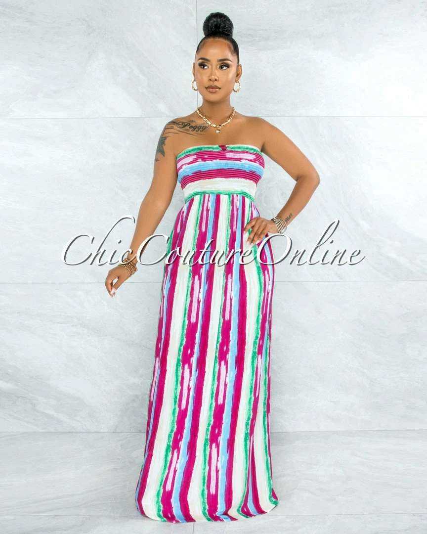 Vendor-unknown Gardner Fuchsia Green Stripes Smocked Strappy Back Maxi Dress JUST IN