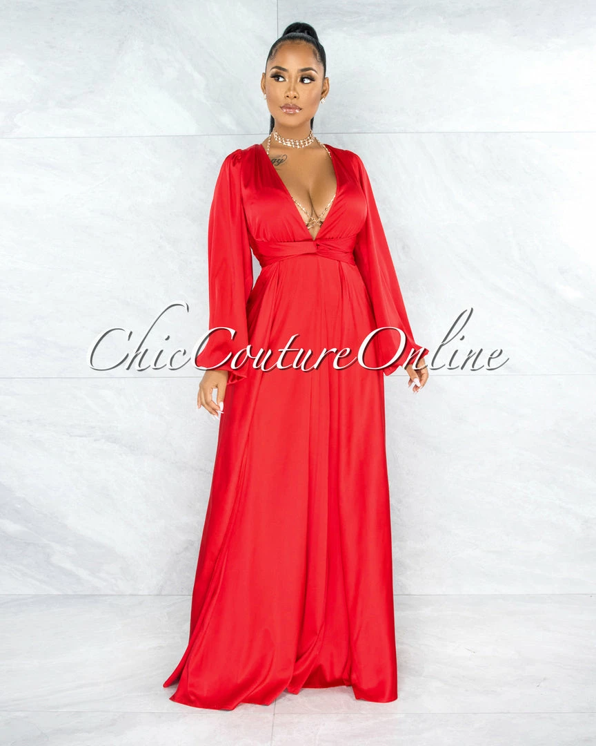 Vendor-unknown JUST IN Dorion Red Dramatic Double Slit Silky Maxi Dress