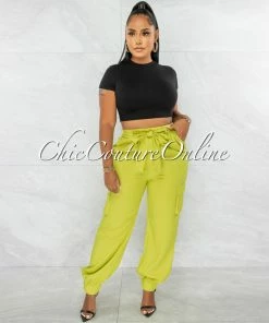 Chic Couture Online Rosalba Lime Green Cargo Jogger Pants