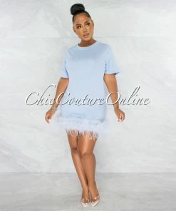 Chic Couture Online JUST IN Torina Baby Blue Feathers Hem Shirt Dress