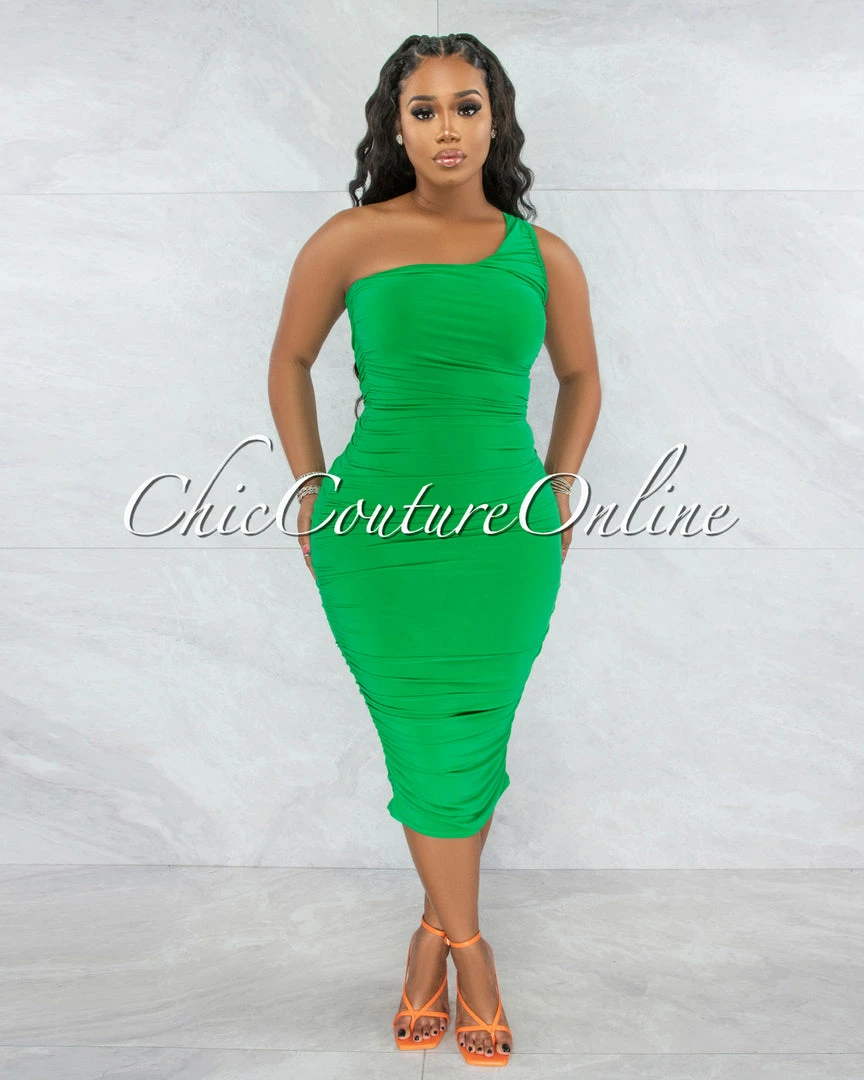 Chic Couture Online Dolores Kelly Green Ruched Single Shoulder Midi Dress JUST IN