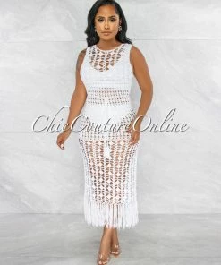 Vendor-unknown Millan Off-White Crochet Cover-Up Midi Dress JUST IN