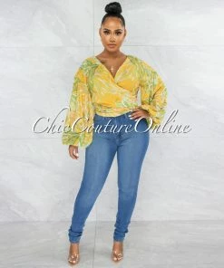 Vendor-unknown Becher Yellow Leaf Print Bubble Sleeves Wrap Top JUST IN