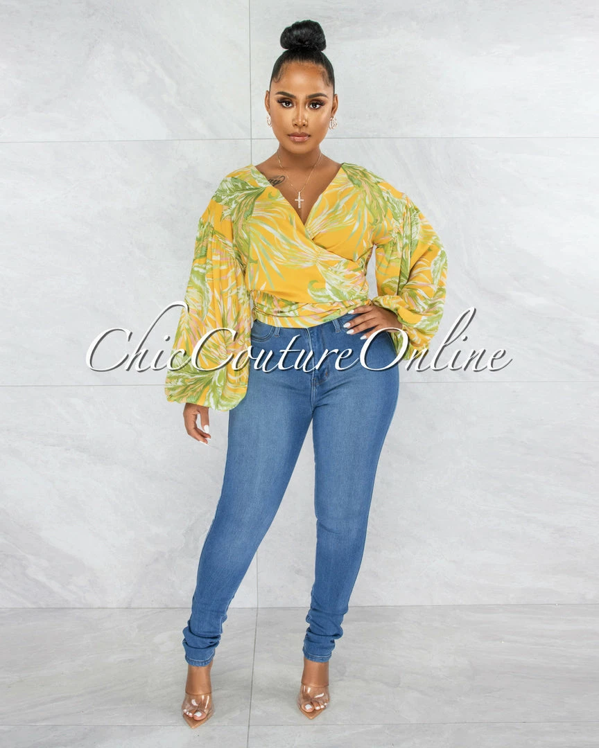 Vendor-unknown Becher Yellow Leaf Print Bubble Sleeves Wrap Top JUST IN