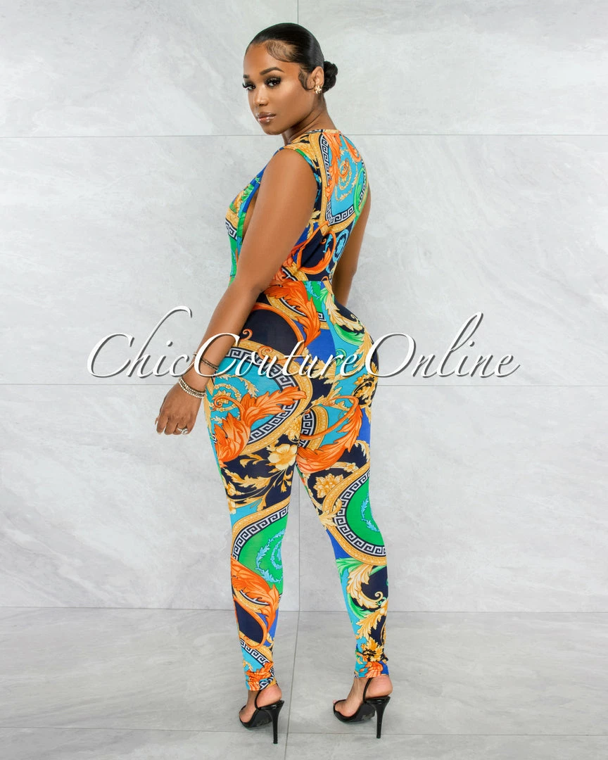 Chic Couture Online Camie Green Multi-Color Print V-Neck Jumpsuit JUST IN