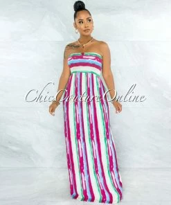 Vendor-unknown Gardner Fuchsia Green Stripes Smocked Strappy Back Maxi Dress JUST IN