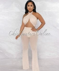 Vendor-unknown Kaimi Nude Mesh Pearl Top & Pants Set
