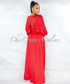 Vendor-unknown JUST IN Dorion Red Dramatic Double Slit Silky Maxi Dress