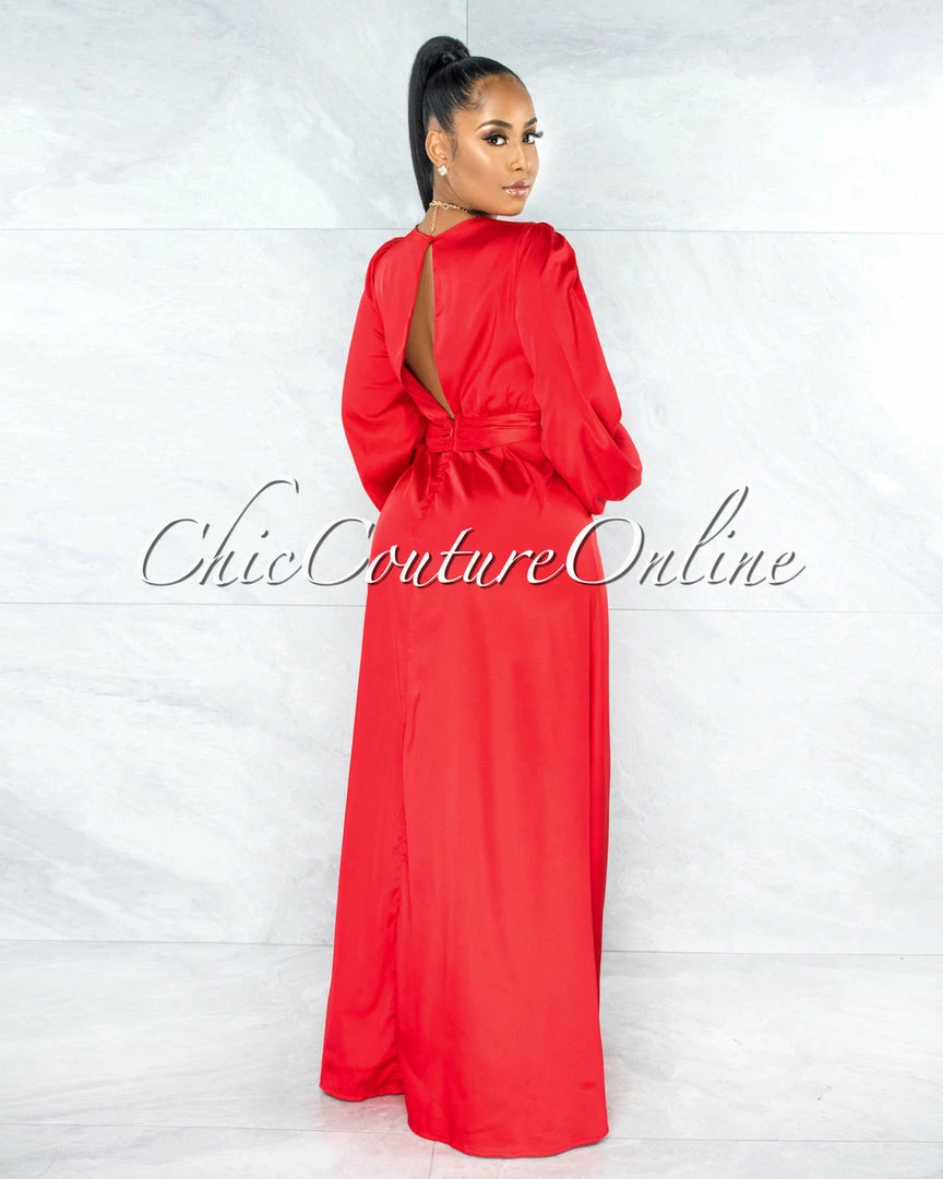 Vendor-unknown JUST IN Dorion Red Dramatic Double Slit Silky Maxi Dress