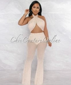 Vendor-unknown Kaimi Nude Mesh Pearl Top & Pants Set
