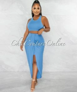Chic Couture Online JUST IN Klein Periwinkle Crop Racer Top & Draped Slit Maxi Skirt Set