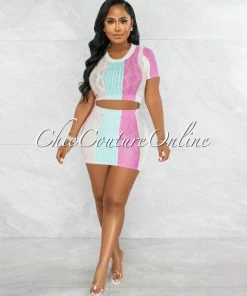 Vendor-unknown JUST IN Lucia Pink Pastel Tones Stripes Knit Skirt Set