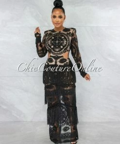 Vendor-unknown JUST IN Nissan Black Nude Illusion Crochet Fringe Maxi Dress