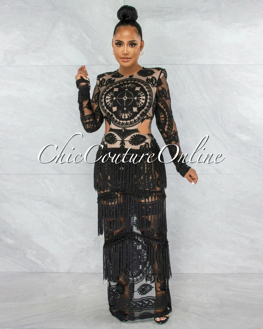 Vendor-unknown JUST IN Nissan Black Nude Illusion Crochet Fringe Maxi Dress