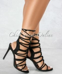 Vendor-unknown SHOES Uptown Black Faux Suede Lace-Up Heels