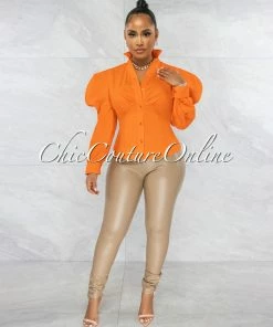 Vendor-unknown Presencia Orange Buttons Bubble Sleeves Shirt