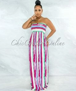 Vendor-unknown Gardner Fuchsia Green Stripes Smocked Strappy Back Maxi Dress JUST IN