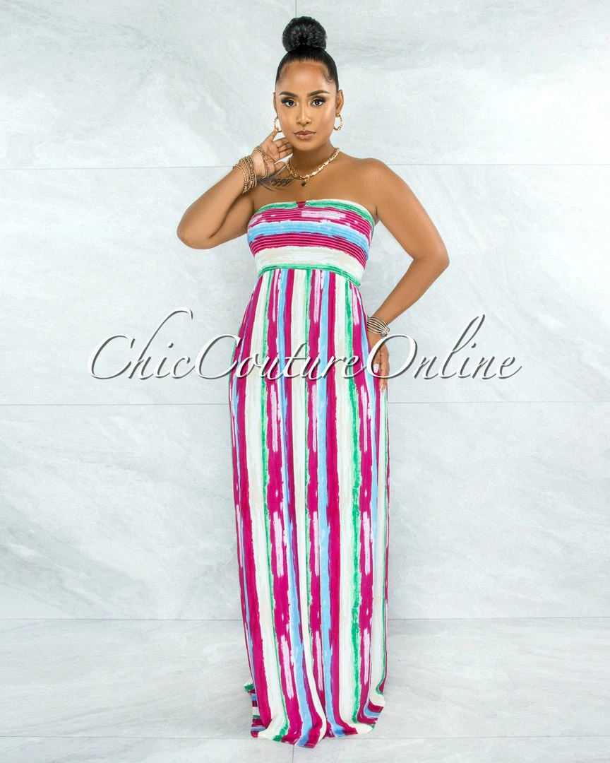 Vendor-unknown Gardner Fuchsia Green Stripes Smocked Strappy Back Maxi Dress JUST IN