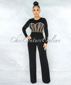 Vendor-unknown JUST IN Perlie Black Mesh Iridescent Rhinestones & Pearls Bodysuit