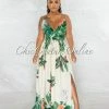 Chic Couture Online Barret Ivory Green Leaf Print Cut-Out Maxi Dress