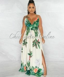 Chic Couture Online Barret Ivory Green Leaf Print Cut-Out Maxi Dress