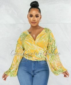 Vendor-unknown Becher Yellow Leaf Print Bubble Sleeves Wrap Top JUST IN