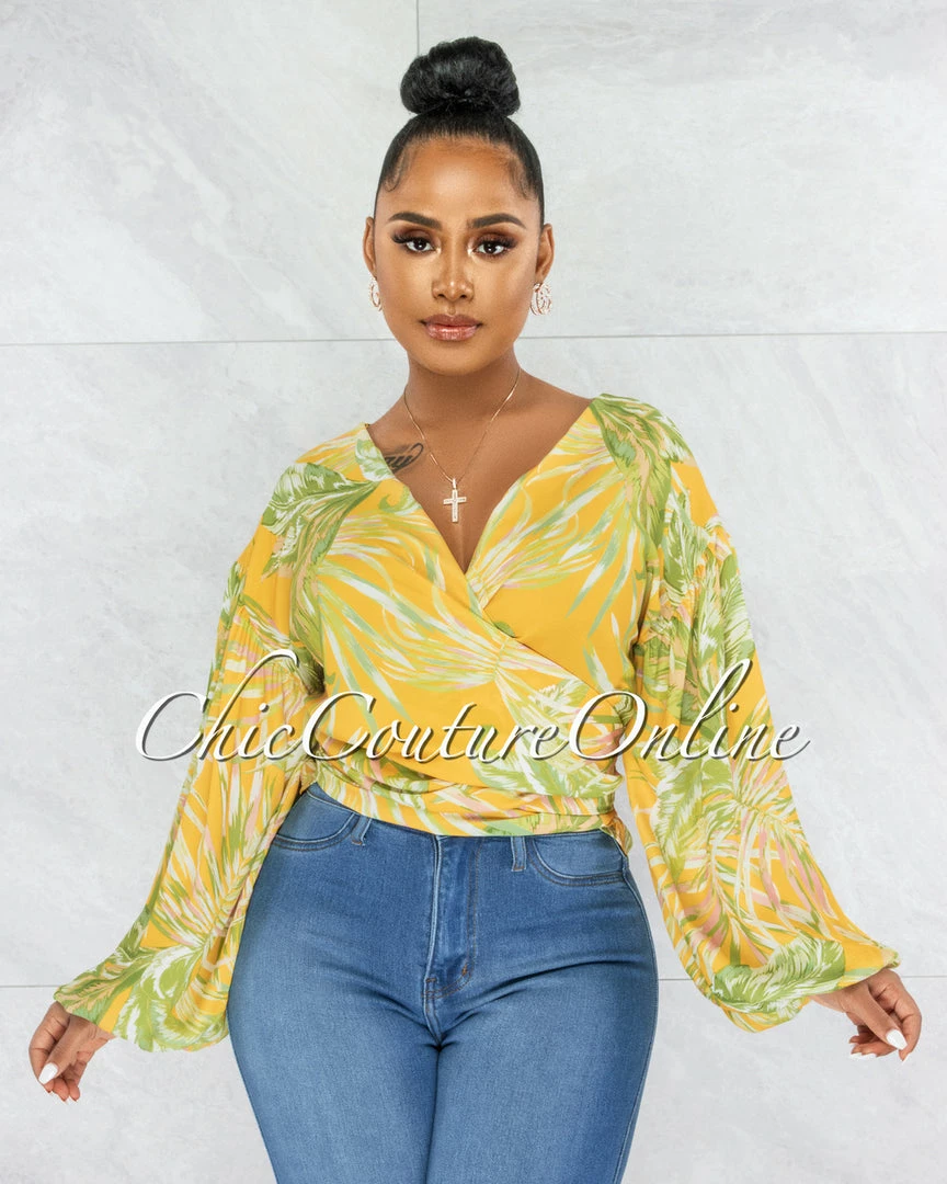 Vendor-unknown Becher Yellow Leaf Print Bubble Sleeves Wrap Top JUST IN