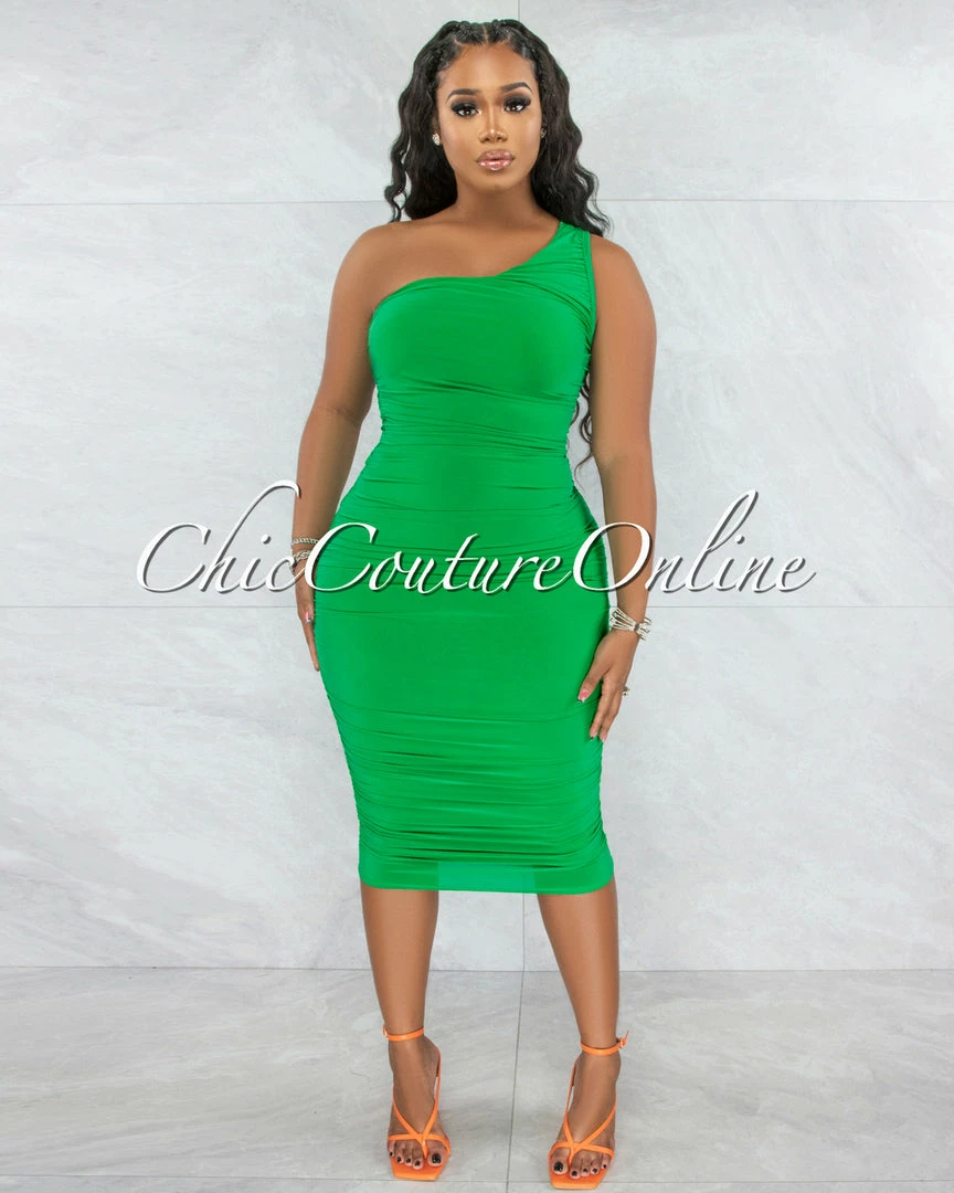 Chic Couture Online Dolores Kelly Green Ruched Single Shoulder Midi Dress JUST IN