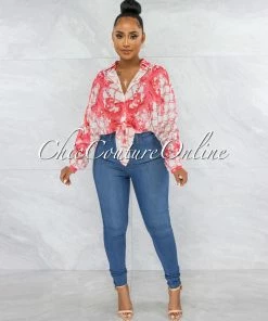 Vendor-unknown Cinthia White Pink Print Buttoned Tie Blouse