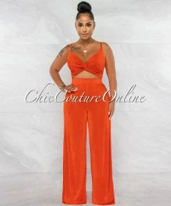 Chic Couture Online JUST IN Arabella Orange Knot Crop Top & Wide Pants Shimmer Set