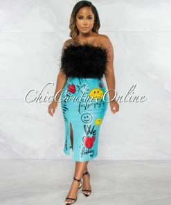 Vendor-unknown JUST IN Delilah Baby Blue Graphic Faux Leather Midi Skirt