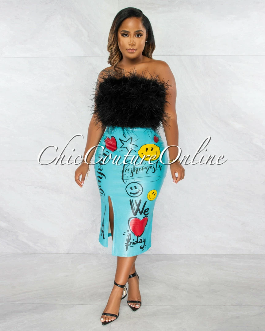 Vendor-unknown JUST IN Delilah Baby Blue Graphic Faux Leather Midi Skirt