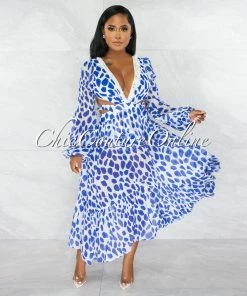 Chic Couture Online Carline White Blue Print Tassels Neckline Maxi Bodysuit Dress JUST IN
