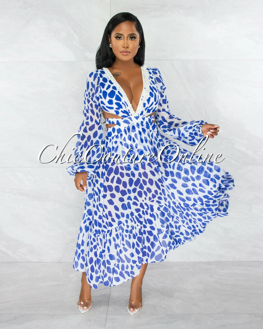Chic Couture Online Carline White Blue Print Tassels Neckline Maxi Bodysuit Dress JUST IN