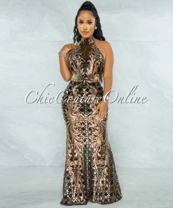 Vendor-unknown JUST IN Maria Black Rose Gold Iridescent Sequins Halter Maxi Dress