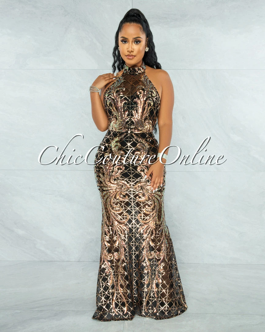 Vendor-unknown JUST IN Maria Black Rose Gold Iridescent Sequins Halter Maxi Dress