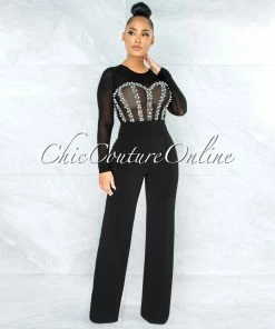 Vendor-unknown JUST IN Perlie Black Mesh Iridescent Rhinestones & Pearls Bodysuit
