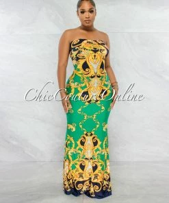 Chic Couture Online Veneca Green Multi-Color Print Lace-Up Back Maxi Dress JUST IN