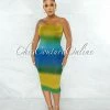 Chic Couture Online JUST IN Vasny Blue Green Yellow Chevron Print Strapless Midi Dress