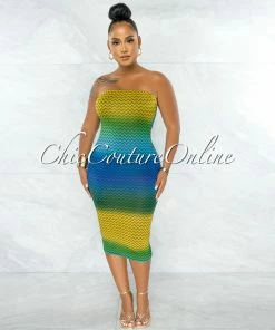 Chic Couture Online JUST IN Vasny Blue Green Yellow Chevron Print Strapless Midi Dress