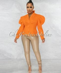 Vendor-unknown Presencia Orange Buttons Bubble Sleeves Shirt