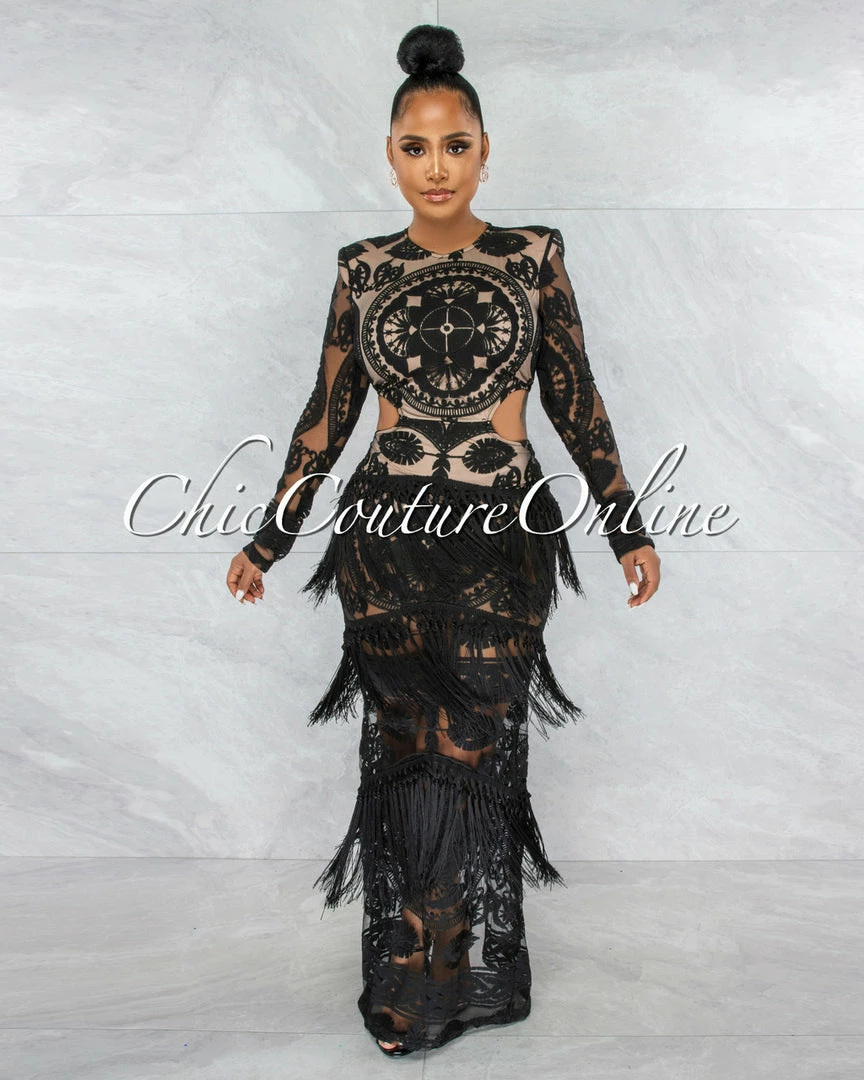Vendor-unknown JUST IN Nissan Black Nude Illusion Crochet Fringe Maxi Dress