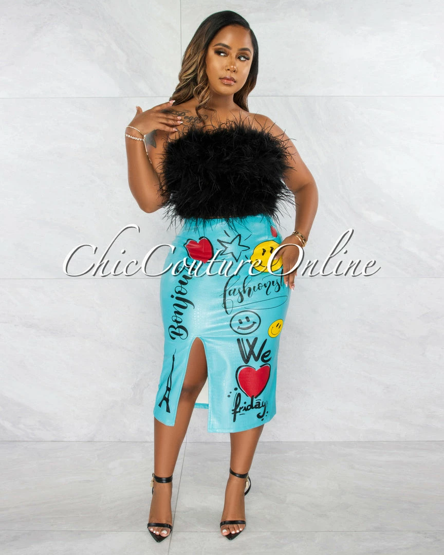 Vendor-unknown JUST IN Delilah Baby Blue Graphic Faux Leather Midi Skirt