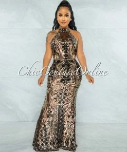 Vendor-unknown JUST IN Maria Black Rose Gold Iridescent Sequins Halter Maxi Dress