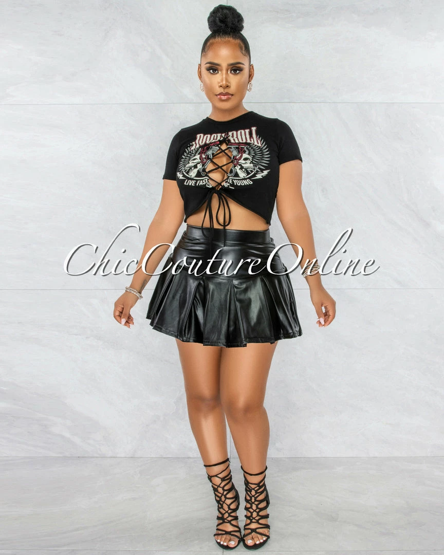 Vendor-unknown Jearl Black Faux Leather Pleated Mini Skort
